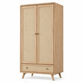Armoire 2 portes et 1 tiroir en bois marron clair et rotin beige, 90 × 50 × 180 cm, style rétro