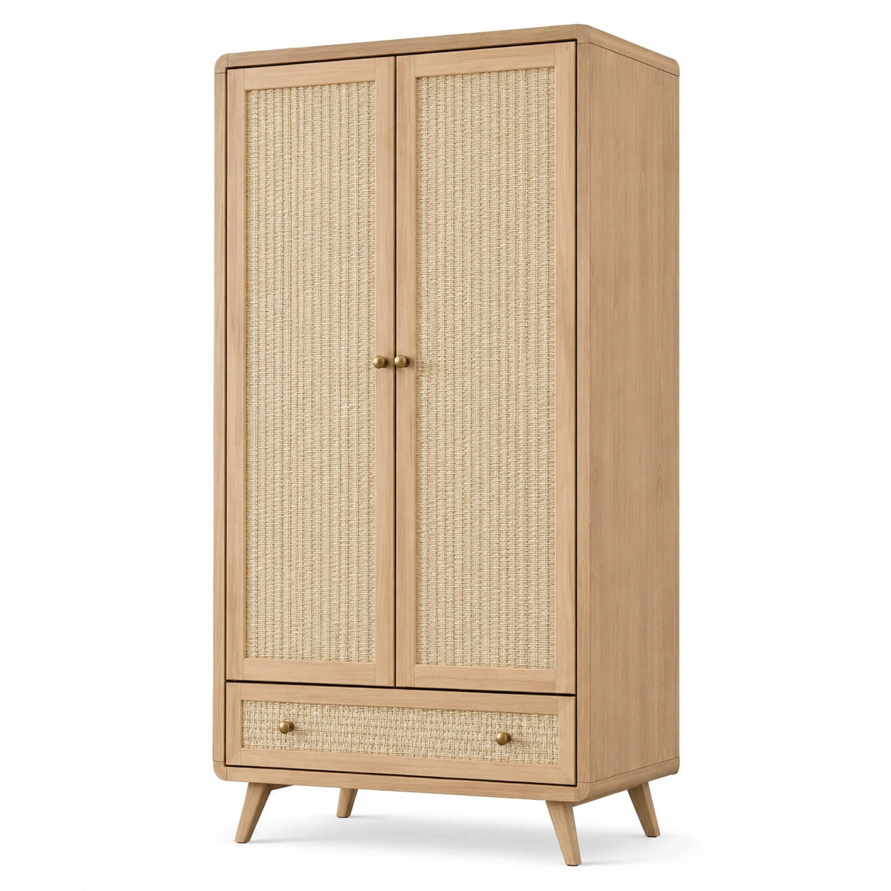 Armoire 2 portes et 1 tiroir en bois marron clair et rotin beige, 90 × 50 × 180 cm, style rétro