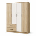 Armoire contemporaine à 4 portes et 2 tiroirs, 160 × 52 × 200 cm, chêne clair et blanc