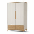 Armoire contemporaine blanc, bois naturel et doré, 120 × 55 × 190 cm, 2 portes et 2 tiroirs