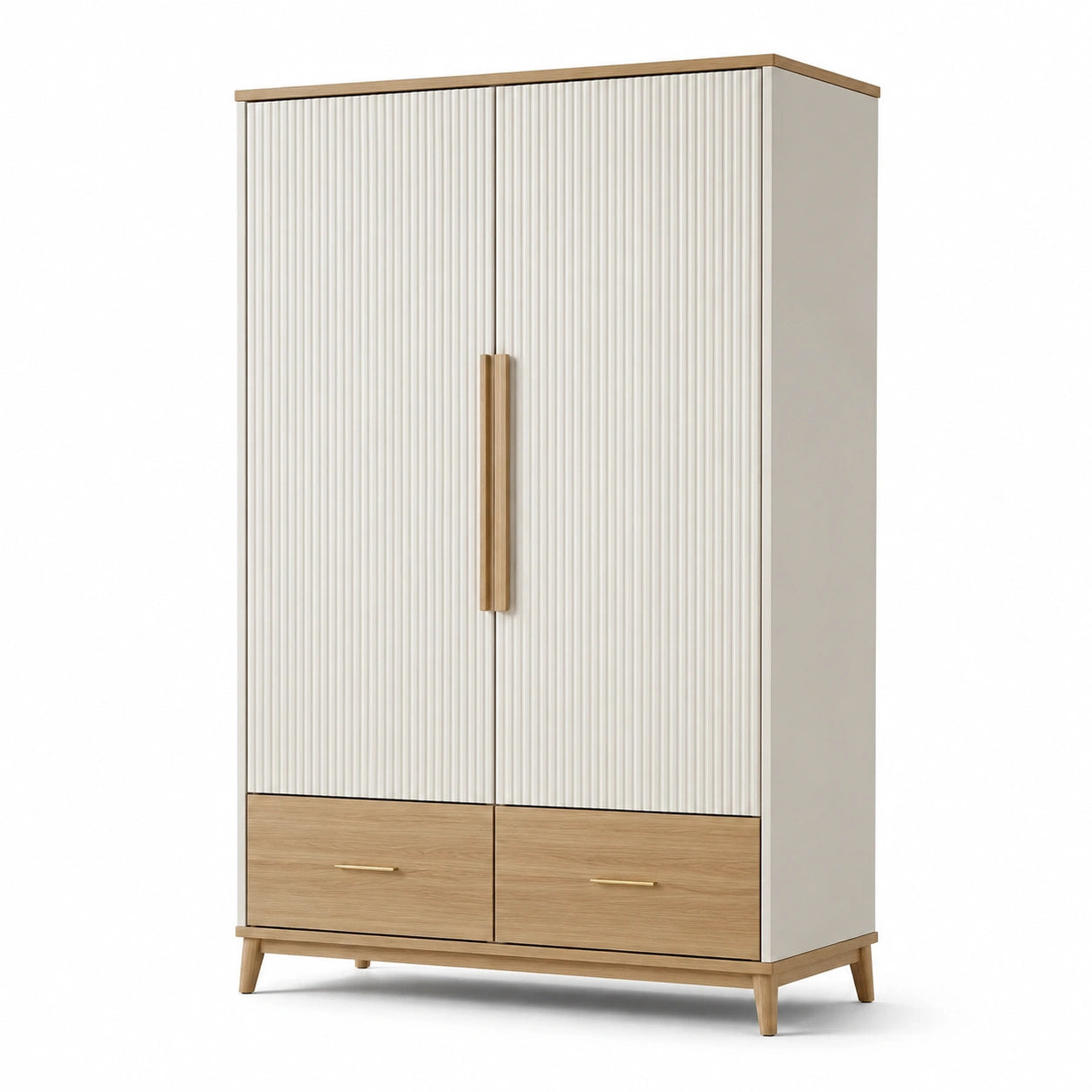 Armoire contemporaine blanc, bois naturel et doré, 120 × 55 × 190 cm, 2 portes et 2 tiroirs