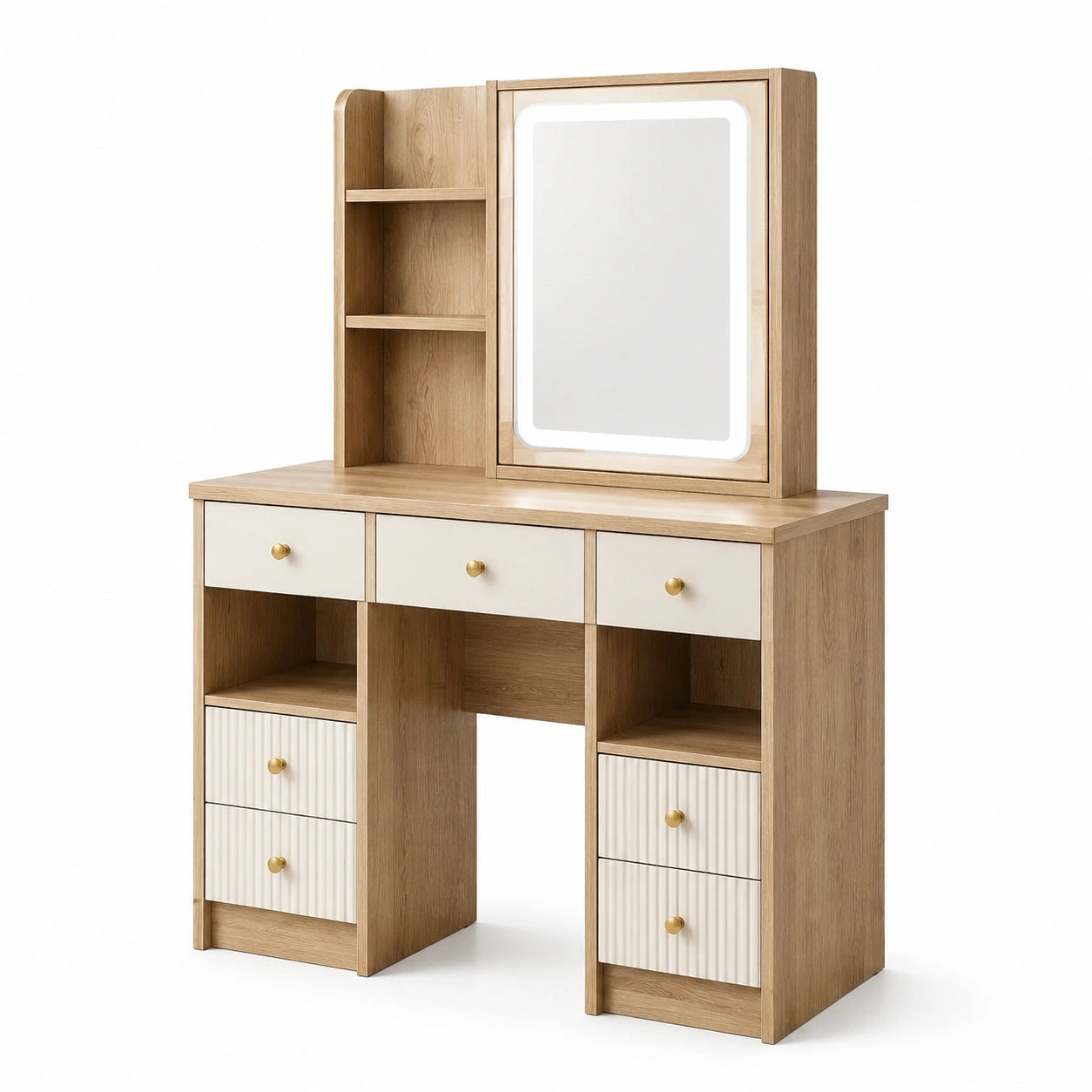 Coiffeuse moderne avec miroir, 7 tiroirs et niches, 120 × 40 × 150 cm, beige, blanc et doré