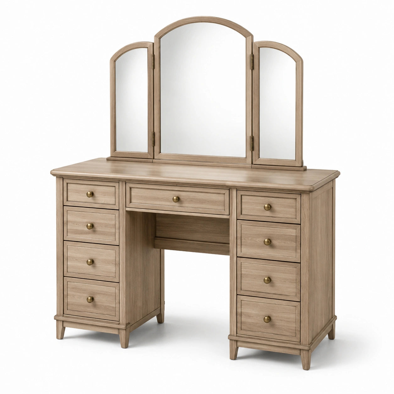 Coiffeuse beige effet bois 120 x 50 x 150 cm avec miroir triptyque orientable et 9 tiroirs