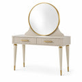 Coiffeuse crème et dorée avec miroir rond et 2 tiroirs, 120 × 45 × 145 cm