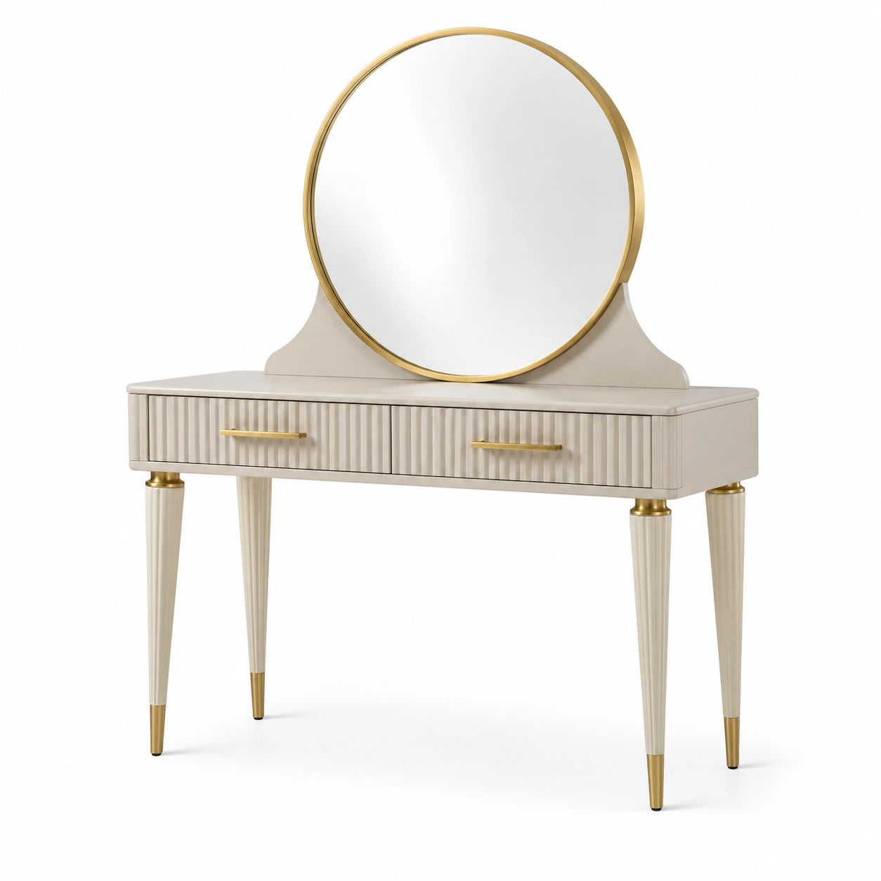 Coiffeuse crème et dorée avec miroir rond et 2 tiroirs, 120 × 45 × 145 cm