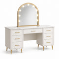 Coiffeuse blanche et dorée avec miroir lumineux cintré, 7 tiroirs, 140 × 45 × 150 cm