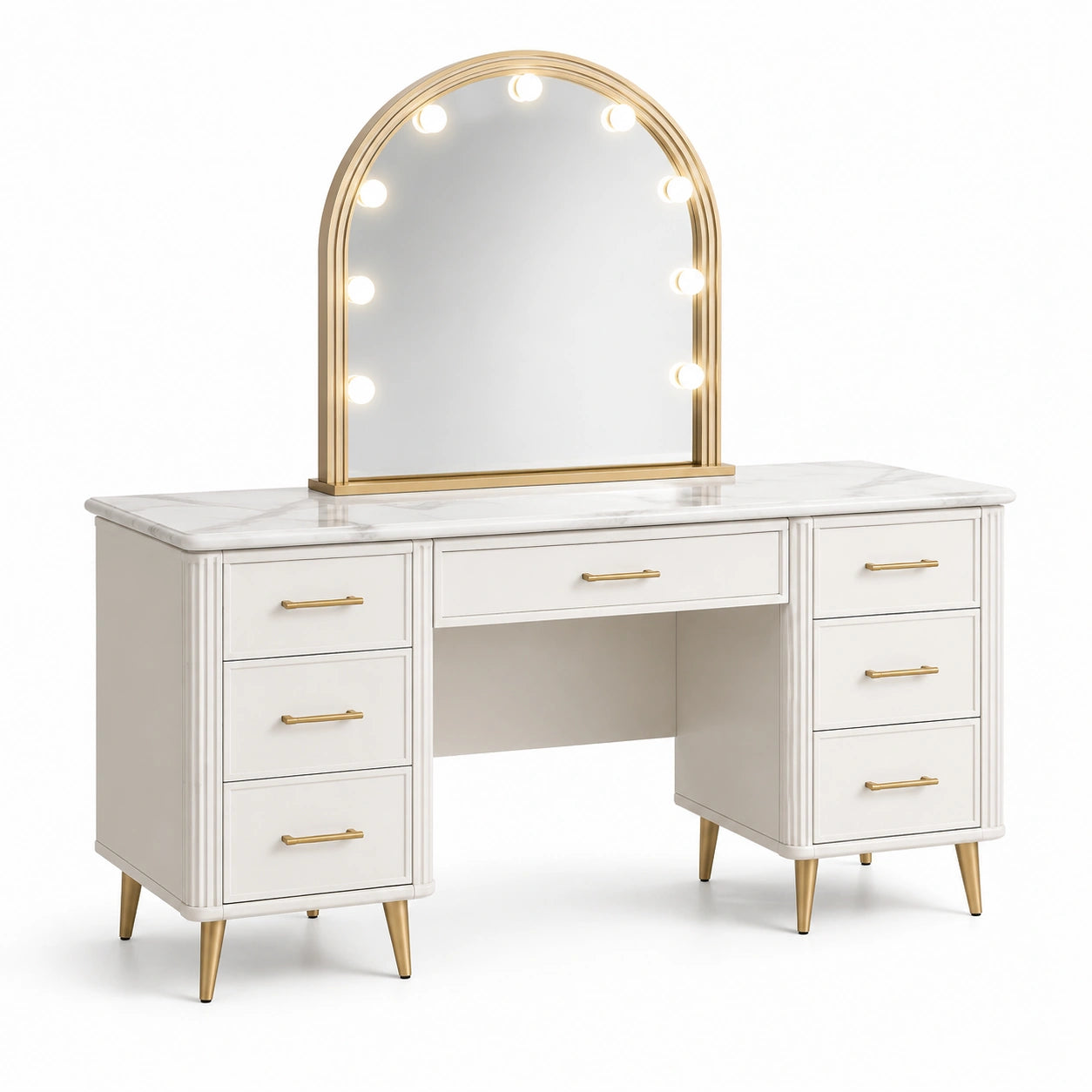 Coiffeuse blanche et dorée avec miroir lumineux cintré, 7 tiroirs, 140 × 45 × 150 cm