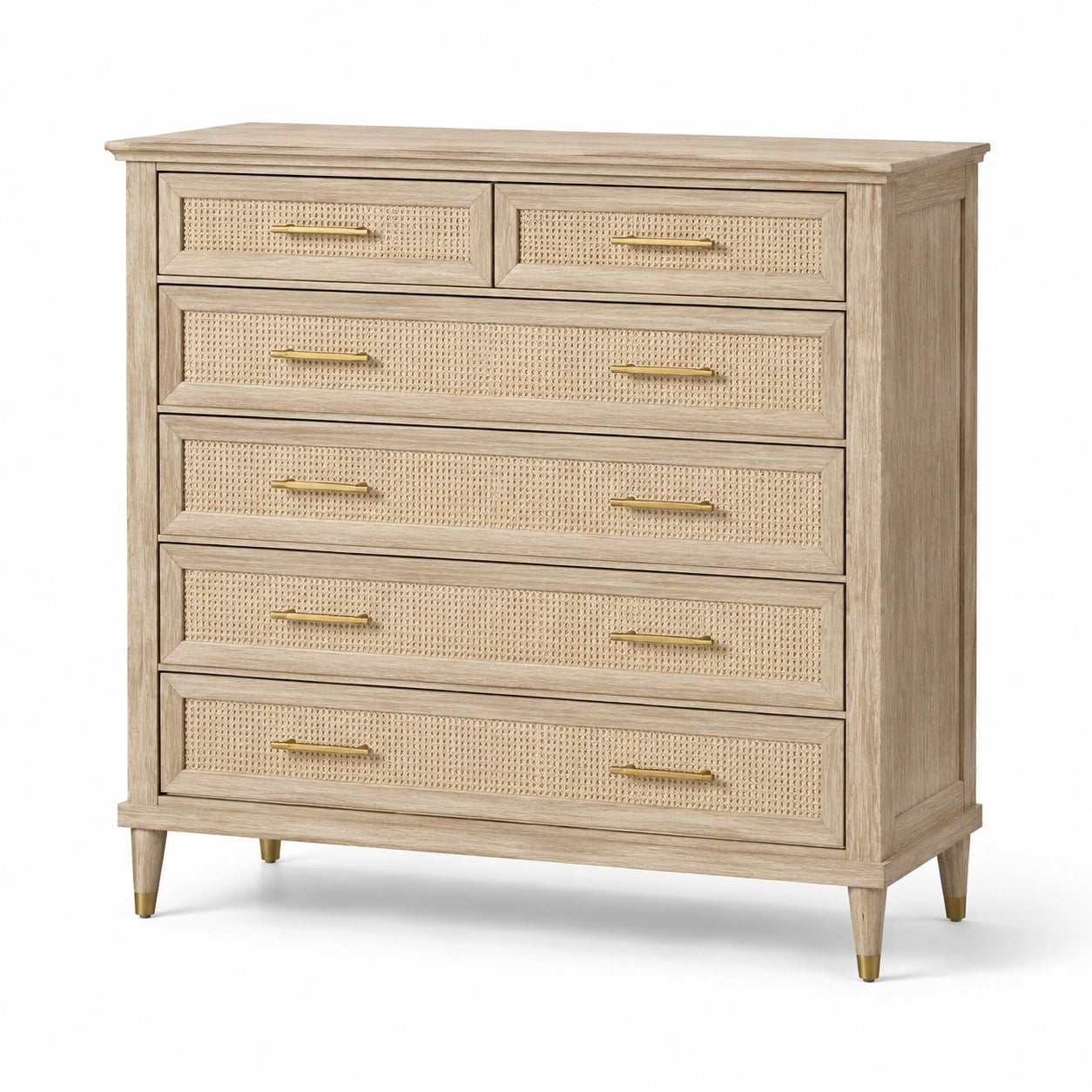 Commode à 6 tiroirs en bois beige avec façades en cannage et poignées dorées, 110 × 45 × 120 cm
