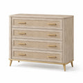 Commode à 4 tiroirs, 120 x 45 x 100 cm, beige naturel avec cannage et finitions dorées