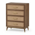 Commode haute en bois brun et cannage naturel à 4 tiroirs avec détails dorés, 80 × 40 × 105 cm