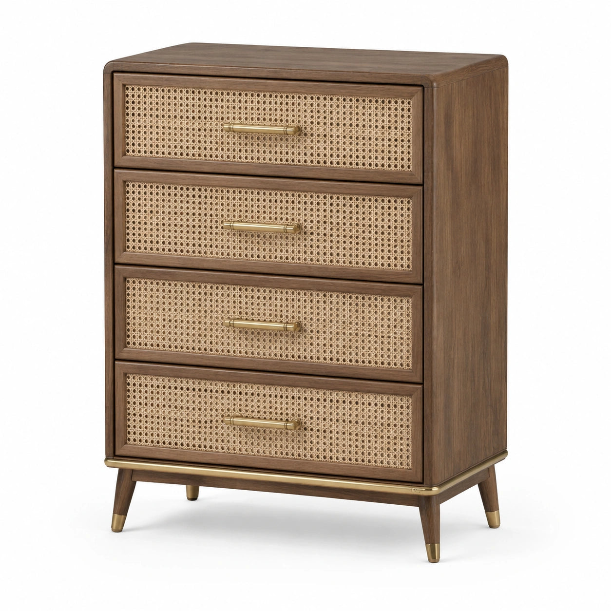 Commode haute en bois brun et cannage naturel à 4 tiroirs avec détails dorés, 80 × 40 × 105 cm