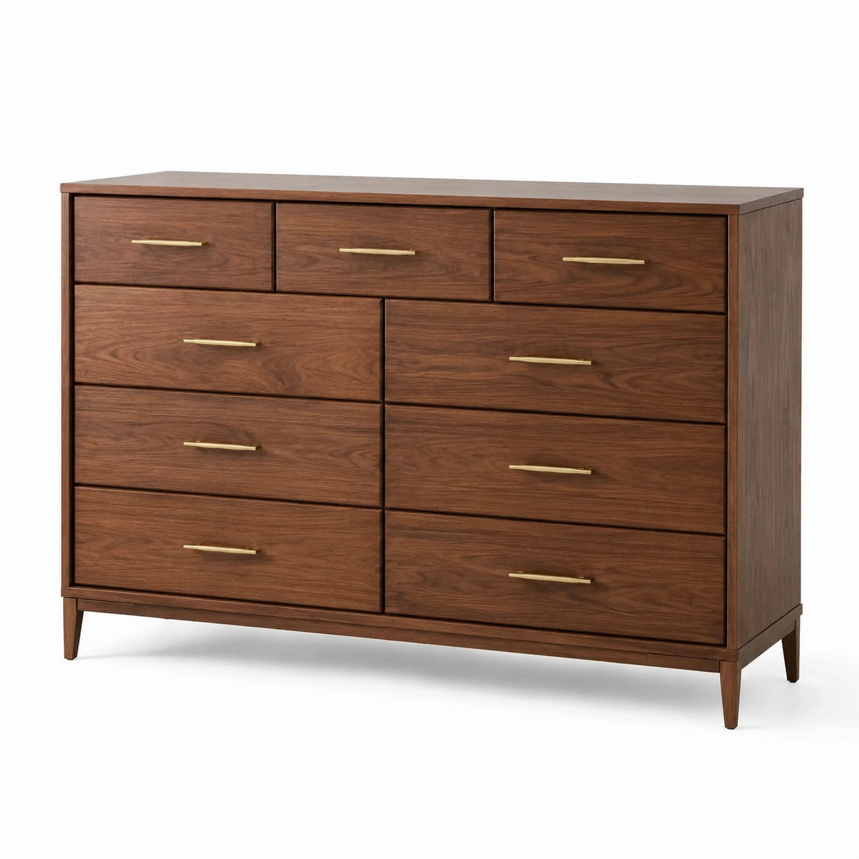 Commode contemporaine à 9 tiroirs, 150 × 45 × 110 cm, effet noyer brun avec poignées dorées
