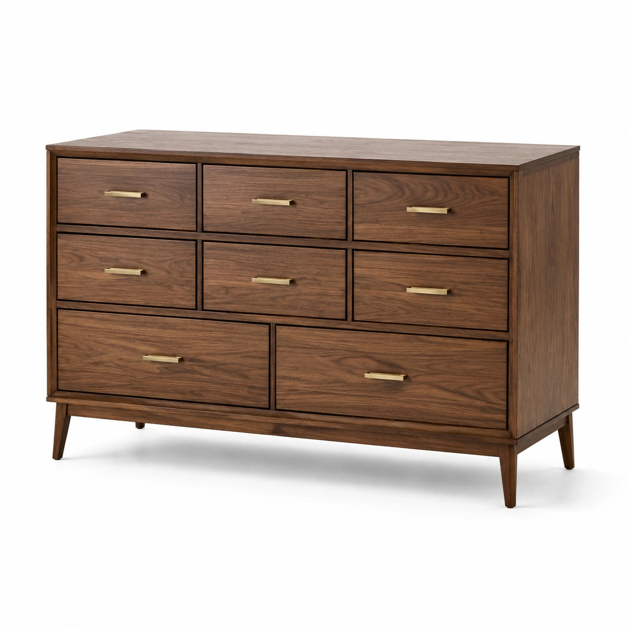 Commode moderne à 8 tiroirs, 150 × 45 × 95 cm, marron noyer avec poignées dorées