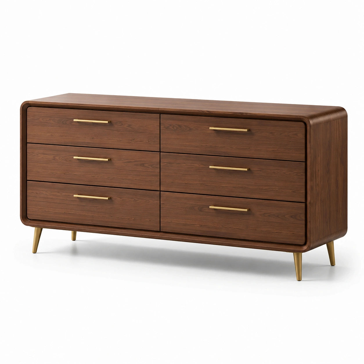 Commode moderne à 6 tiroirs en bois brun et métal doré, 160 × 45 × 85 cm