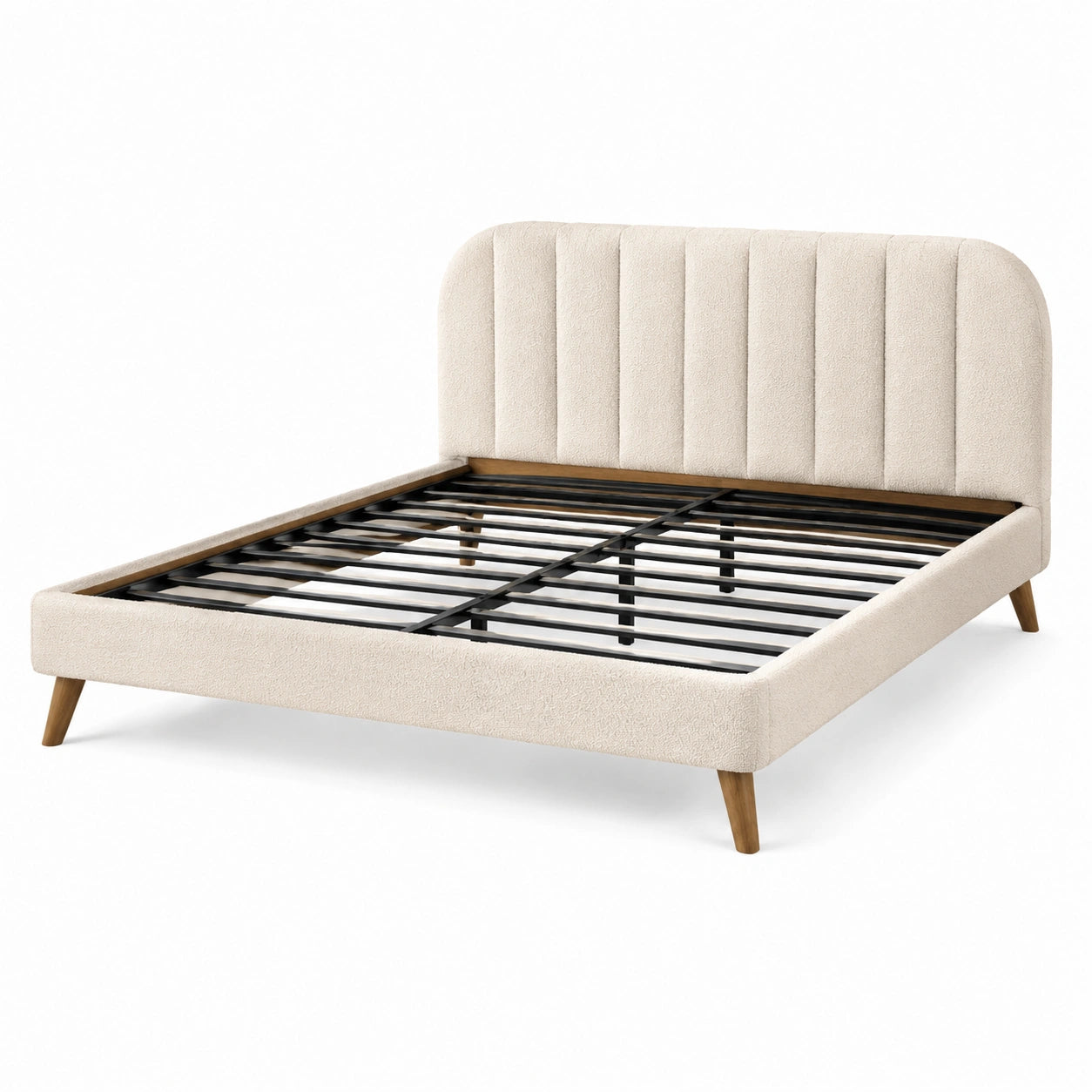 Lit double rembourré en tissu bouclé beige avec tête de lit à panneaux verticaux, couchage 160 × 200 cm, dimensions 215 × 170 × 112 cm