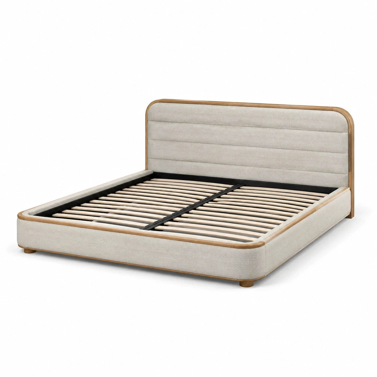 Lit double rembourré 160 × 200 cm en tissu beige et bois naturel avec tête de lit