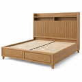 Lit double en bois brun naturel pour matelas 160 × 200 cm, dimensions 216 × 168 × 140 cm, tête de lit avec niches et sommier à lattes