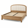 Lit double en bois naturel et tissu beige avec tête de lit rembourrée, 215 × 170 × 125 cm, pour matelas 160 × 200 cm