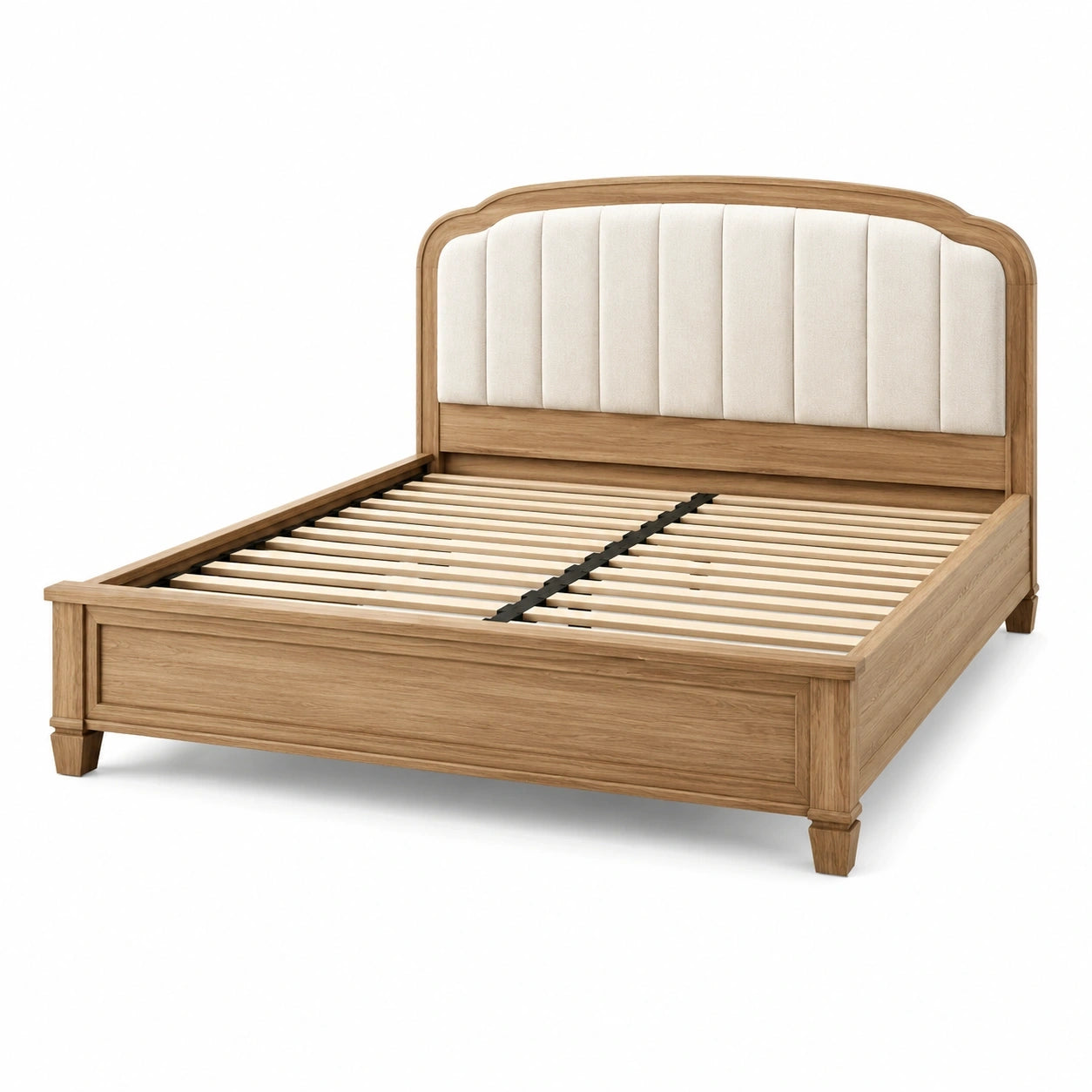 Lit double en bois naturel et tissu beige avec tête de lit rembourrée, 215 × 170 × 125 cm, pour matelas 160 × 200 cm