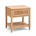 Table de chevet en bois naturel et cannage, 1 tiroir et tablette ouverte, 55 × 45 × 65 cm