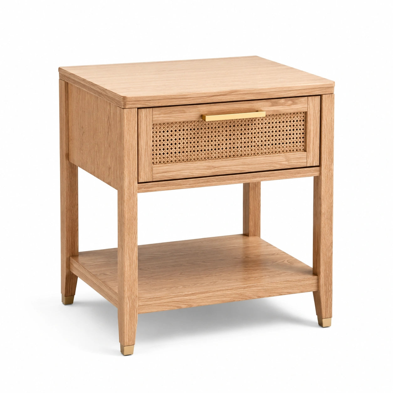 Table de chevet en bois naturel et cannage, 1 tiroir et tablette ouverte, 55 × 45 × 65 cm