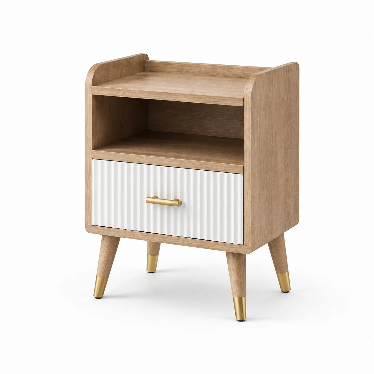 Table de chevet moderne 50 × 40 × 65 cm avec tiroir et niche, chêne naturel, blanc et doré