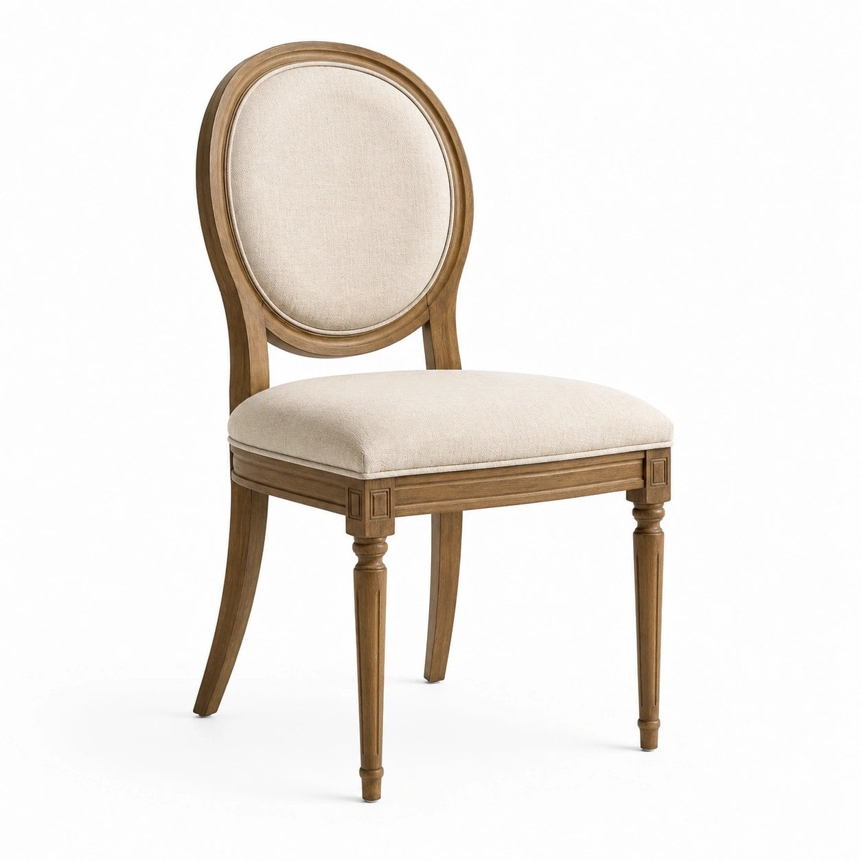 Chaise médaillon en bois marron et tissu écru, 50 × 58 × 96 cm