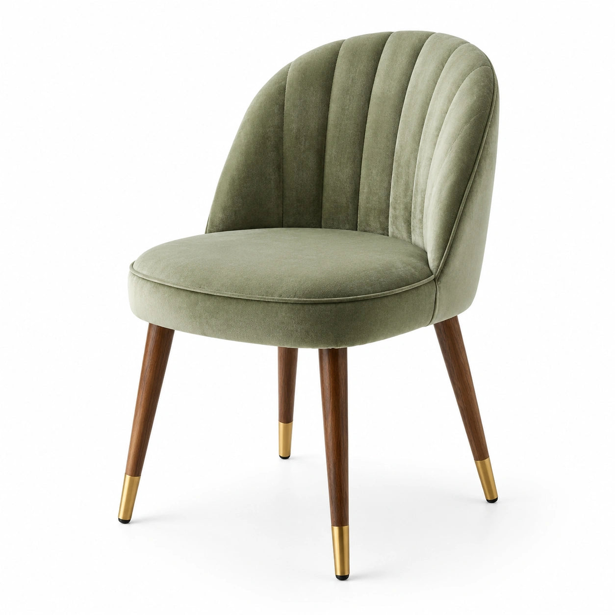 Chaise contemporaine en velours vert sauge avec pieds en bois brun et doré, 61 × 62 × 82 cm