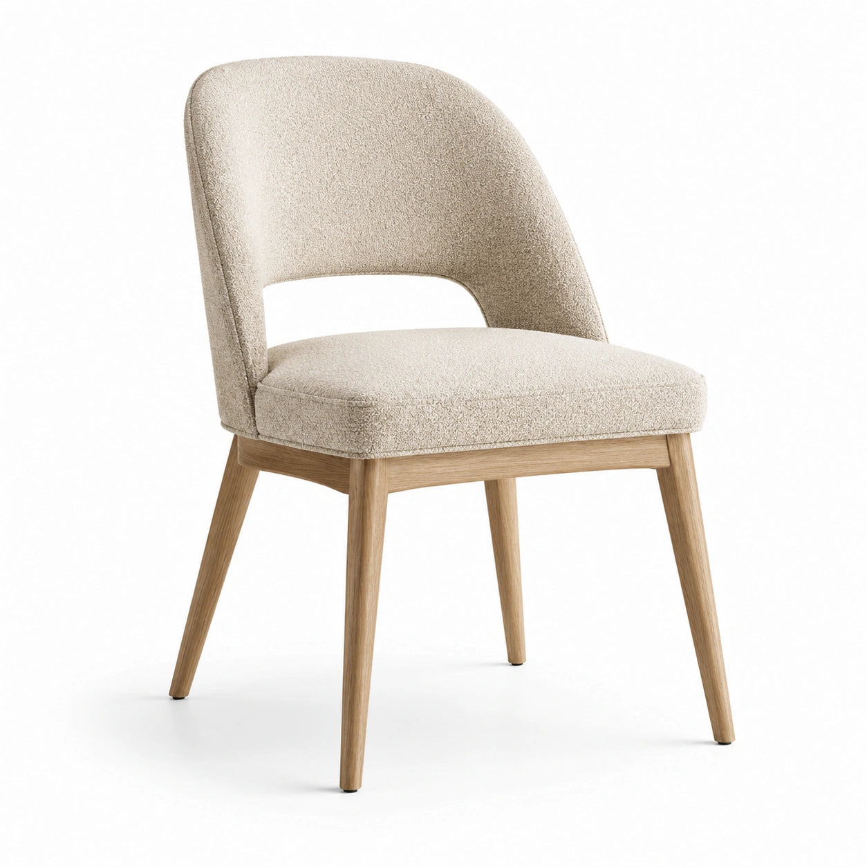 Chaise rembourrée beige et bois naturel avec dossier enveloppant, 56 × 59 × 81 cm