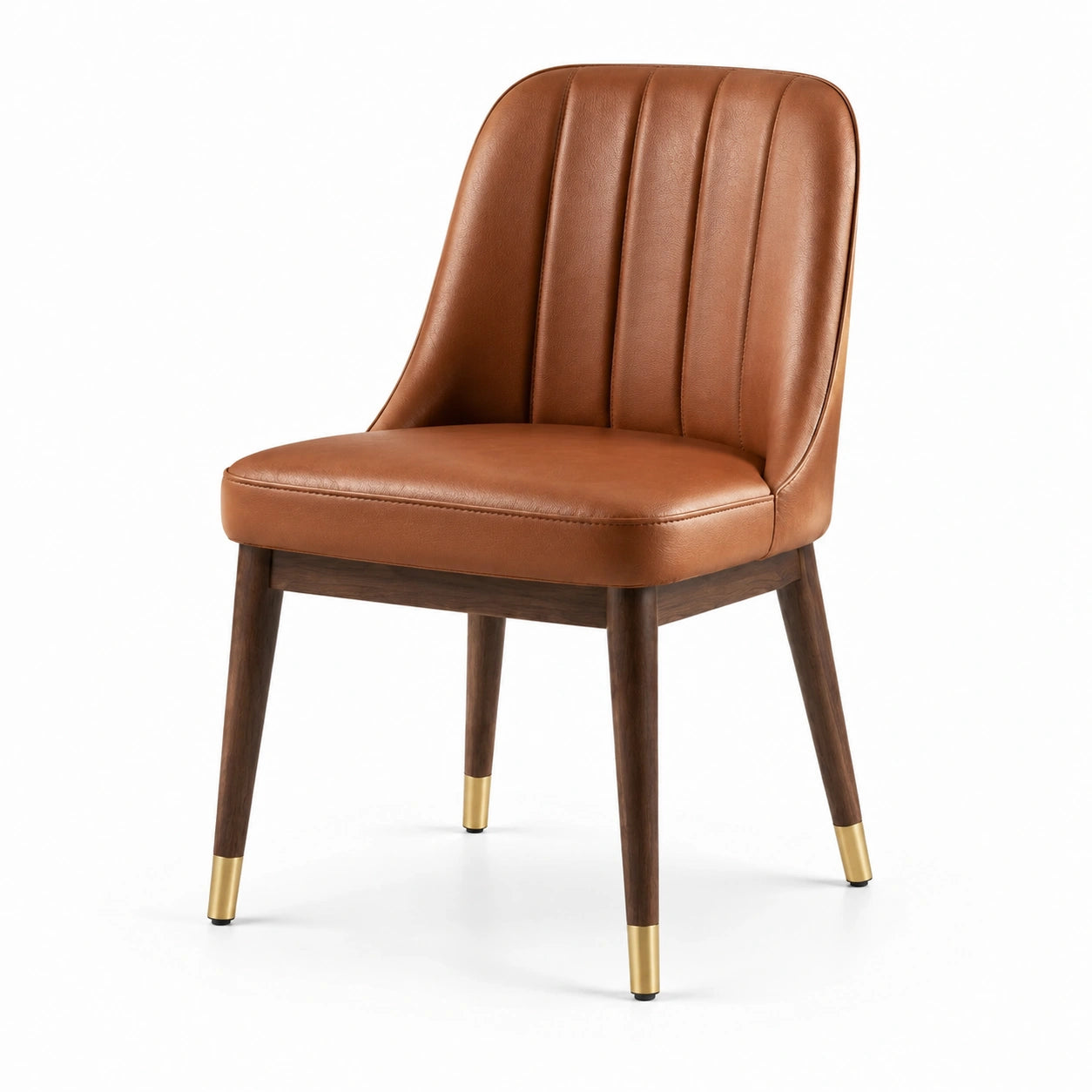 Chaise rembourrée rétro 54 x 60 x 84 cm en similicuir marron cognac, pieds en bois foncé avec embouts dorés