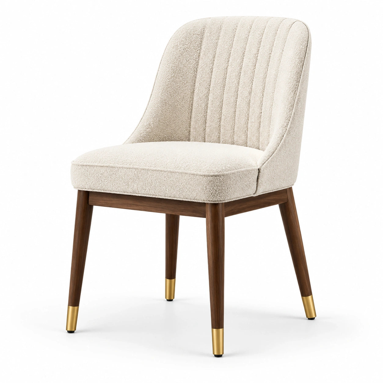 Chaise de salle à manger en tissu bouclé écru, pieds en bois finition noyer, 55 × 60 × 83 cm