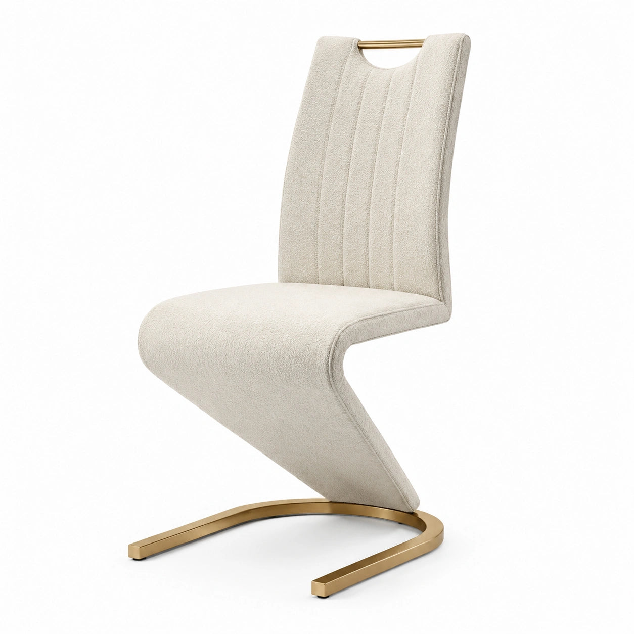 Chaise contemporaine en tissu texturé écru avec piètement doré, 60 × 52 × 95 cm